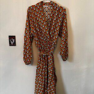Vintage Made in Italy MCM Midi Dress Designer Orange Abstract Geometric Belted